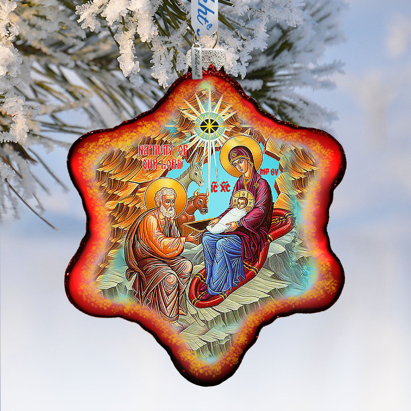 One-of-a-Kind Orthodox Nativity Snowflake Glass Ornament by G. Debrekht - Nativity Holiday Decor - 754-048