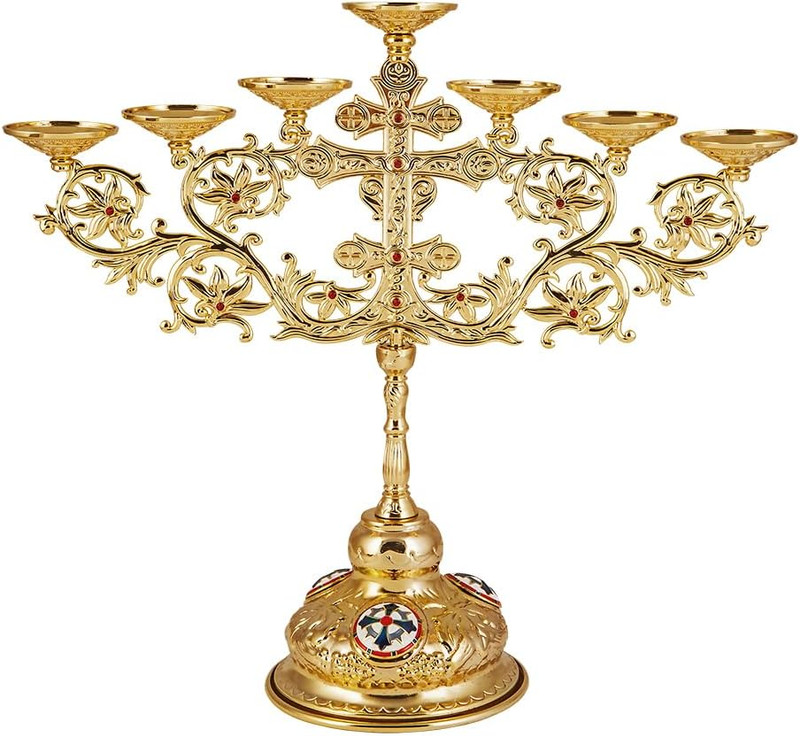 Orthodox 7-Branch Candle Holder, Gold Plated Zinc Alloy Church Candelabra with Cross and Enamel Details, 12" Liturgical Altar Candlestick for Religious Rituals