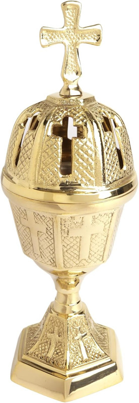 Needzo Brass Incense Burner with Cross Finial - High Polished, Catholic Church Supplies, 8 3/8" Height