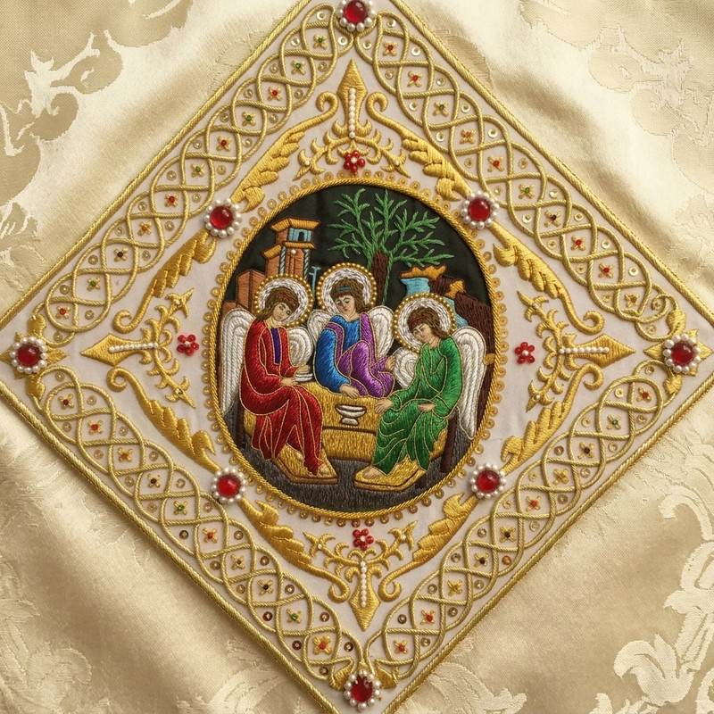 Handmade Gold Embroidered Religious Icon Patch with Beads for Sacred Vestments and Church Decorations