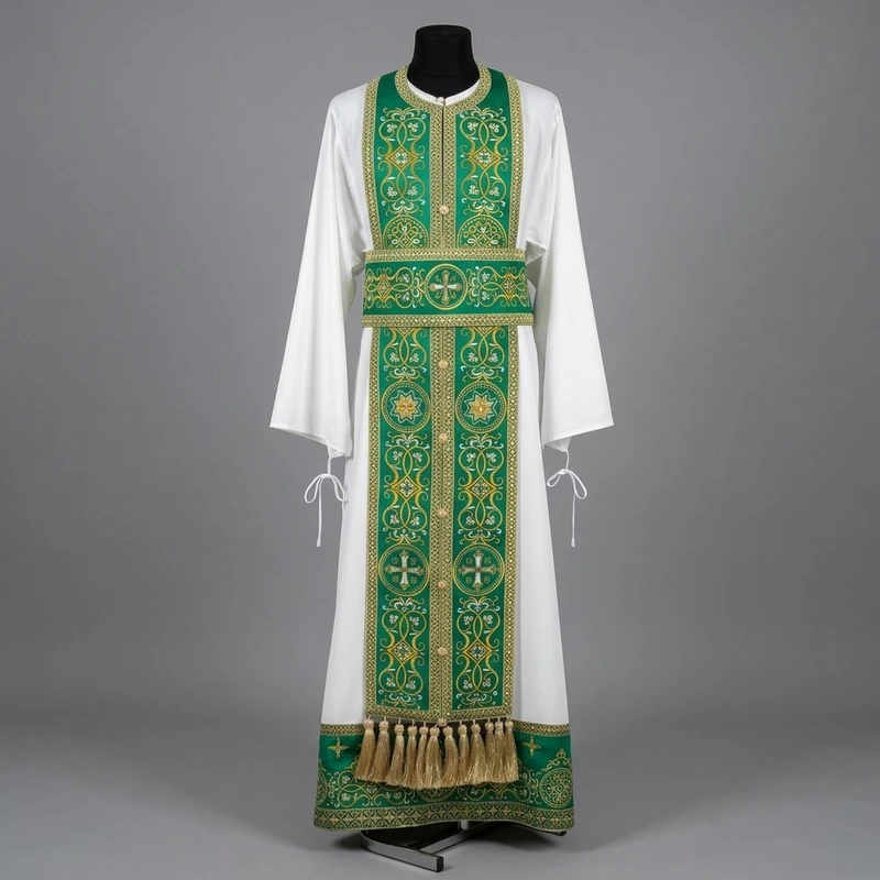 White Green Orthodox  Vestment Set Gold Bullion Embroidered Clergy Sticharion Orarion Robe Liturgical Garment Wholesale