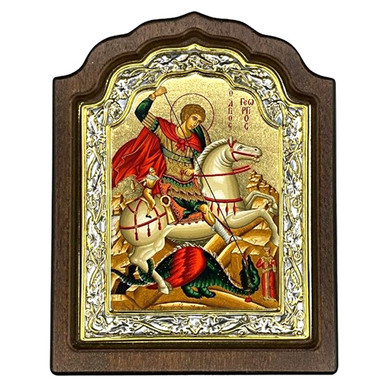 St. George Religious Icon Saint George Religious Icon Arched Engraved Silver Natural Wood ...