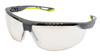 Close-up of Pyramex TruFlex Vented Safety Glasses, SGL11380DT model, featuring a Gray and Lime green frame with I/O Mirror Anti-Fog Lens. Ideal for indoor/outdoor use, showing the adjustable nose piece and half-frame design. ANSI Z87.1 certified.