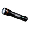 High-resolution image of the Portwest PA75 USB rechargeable flashlight, black with a red accent ring. Highlights its compact design and powerful LED lens for adjustable focus.