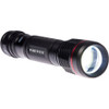 High-resolution image of the Portwest PA75 USB rechargeable flashlight, black with a red accent ring. Highlights its compact design and powerful LED lens for adjustable focus.