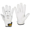 A high-quality, professional image showcasing a pair of Tillman 1488 TrueFit® TIG welding gloves. The gloves, made from premium white top-grain goatskin, are displayed side-by-side on a clean, white background. The left glove shows the palm side, featuring the black and white Tillman® logo, the "T-1488L" model number, and the distinctive black and yellow "TRUEFIT" hook and loop closure on the wrist. The stitching, which appears to be yellow or a light color, is visible around the thumb and fingers, highlighting the quality construction. The right glove shows the back of the hand and the thumb area, emphasizing the supple texture of the leather and the meticulous stitching. The clean presentation and sharp focus highlight the key features, such as the material, fit, and branding, making the product appealing to professional welders searching for precision TIG gloves.