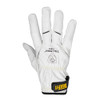 A front-on product image of a single Tillman 1488 TrueFit® TIG welding glove. The glove, made from premium white goatskin, is shown with the palm facing forward. The fingers are slightly splayed to showcase the glove's fit and flexibility. The Tillman® logo is clearly visible on the palm, along with the "T-1488L" model number. The contrasting yellow and black "TRUEFIT" hook and loop closure is prominently featured at the wrist. The detailed yellow stitching is visible along the thumb and the gathered elastic at the wrist, emphasizing the glove's durable construction and design for a secure fit. This image is ideal for highlighting the brand, model, and key features for customers searching for high-dexterity TIG welding gloves.