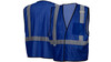 Front and back view of the Pyramex RV12 enhanced visibility vest in blue, a non-rated mesh vest with a mic tab and reflective material.