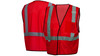 Front view of the Pyramex RV12 enhanced visibility vest in red, a non-rated mesh vest with a mic tab and reflective material.