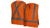 Front and back view of the Pyramex RCA25SE Self-Extinguishing Hi-Vis Breakaway Vest in hi-vis orange, an ANSI Type R Class 2 and CSA Class 2 Level 2 certified vest with a reflective X-pattern on the back.