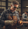 Lifestyle image of a worker wearing Traditional Spectacle IR Safety Glasses (Shade 3.0) with wire mesh sideshields while performing torch work. Illustrates heavy-duty protection for industrial cutting and brazing applications.