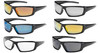 Composite image of the Sunburst™ Full Frame Safety Glasses, showcasing all seven available lens options: Polarized Gray, Clear Anti-Fog, Gray Anti-Fog, Red Mirror, Silver Mirror, Blue Mirror, and Gold Mirror. Highlights the black full frame and Bayonet temples. ANSI Z87.1+ certified.
