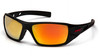 Pyramex Velar Safety Glasses (SBRF10445D) with an Ice Orange Mirror lens and a black and red frame. The mirror lens provides glare reduction for bright sun. Features comfortable co-injected rubber temples and a built-in nosepiece. Triple certified to ANSI Z87.1-2020, CSA Z94.3-2020, and EN 166.