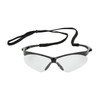 A front-angle product view of the PIP Anser 250-AN-10110 safety glasses, featuring a high-clarity clear lens and a sleek semi-rimless black frame, shown with the included adjustable black neck cord attached. The integrated neck cord ensures the glasses remain secure and easily accessible during high-intensity tasks, reducing the risk of loss or damage on the job site. The clear polycarbonate lenses are designed with a 9-base curve for a wide, unobstructed field of vision and full wraparound protection, ideal for indoor or low-light industrial environments. Engineered for all-day comfort, the frame includes bayonet temples with flexible rubber tips and a soft rubber nose bridge to provide a secure, non-slip fit. This model is fully ANSI Z87.1+ high-impact certified, offering professional-grade reliability for construction, maintenance, and manufacturing applications.