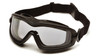 This image features the Pyramex V2G-PLUS® GB6410SDT, showcasing its crystal-clear dual-pane Thermo Lens System. This design is engineered to eliminate fogging by isolating temperature differences between the wearer's face and the external environment. The sleek black TPU frame is shown with integrated indirect ventilation at the top and bottom to promote airflow while maintaining a D3 rating for liquid splash protection. The wide, adjustable elastic strap with a quick-release clip ensures a secure, personalized fit for long shifts in demanding conditions.