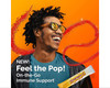 This vibrant lifestyle image promotes the NEW Emergen-C Crystals as a fun and effortless way to maintain health while traveling or working. The graphic features:

The "Feel the Pop!" Experience: Large, bold text emphasizing the unique popping sensation of the crystals that require no water.

On-the-Go Convenience: Shows a single Emergen-C stick pack, illustrating how easily the supplement fits into a pocket or bag for daily use.

Vibrant Brand Identity: Set against a bright orange background with sparkling red accents, reflecting the Strawberry Burst energy and high-potency Vitamin C content.