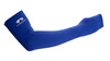 The Pyramex CS160 blue moisture-wicking cooling arm sleeve featuring a flexible nylon-spandex blend, integrated thumb hole, and printed silver Pyramex logo on the upper arm.