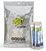 A 50-count bulk bag of Sqwincher Qwik Stik ZERO Cool Citrus sugar-free electrolyte powder packets sitting next to three individual silver and blue single-serve sticks.