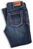 Folded Stanco FRC1512 Renegade FR memory stretch denim jeans showing two-tone stitched rear pocket and leather waistband patch