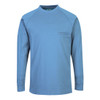 Portwest FR33 Lake Blue Bizflame Knit Antistatic FR Long Sleeve T-Shirt featuring 7 oz 99% cotton 1% carbon fiber fabric, CAT 2 arc flash protection, raglan sleeves, concealed chest pocket, and ribbed cuffs.