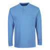 Portwest FR32 Lake Blue Bizflame Knit Antistatic FR Long Sleeve Henley featuring 7 oz 99% cotton 1% carbon fiber fabric, CAT 2 arc flash protection, 3-button placket, concealed chest pocket, and ribbed cuffs.