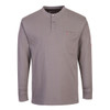 Portwest FR32 Gray Bizflame Knit Antistatic FR Long Sleeve Henley featuring 7 oz 99% cotton 1% carbon fiber fabric, CAT 2 arc flash protection, 3-button placket, concealed chest pocket, and ribbed cuffs.