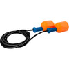 This image shows a pair of PIP EZ-Twist™ 267-HPF610C disposable earplugs. The plugs feature a bright orange, cylindrical foam body designed for high visibility. They are connected by a durable black PVC cord. The base of each plug features a blue "twist" stem that allows for easy insertion and a secure fit without the need for traditional foam rolling.