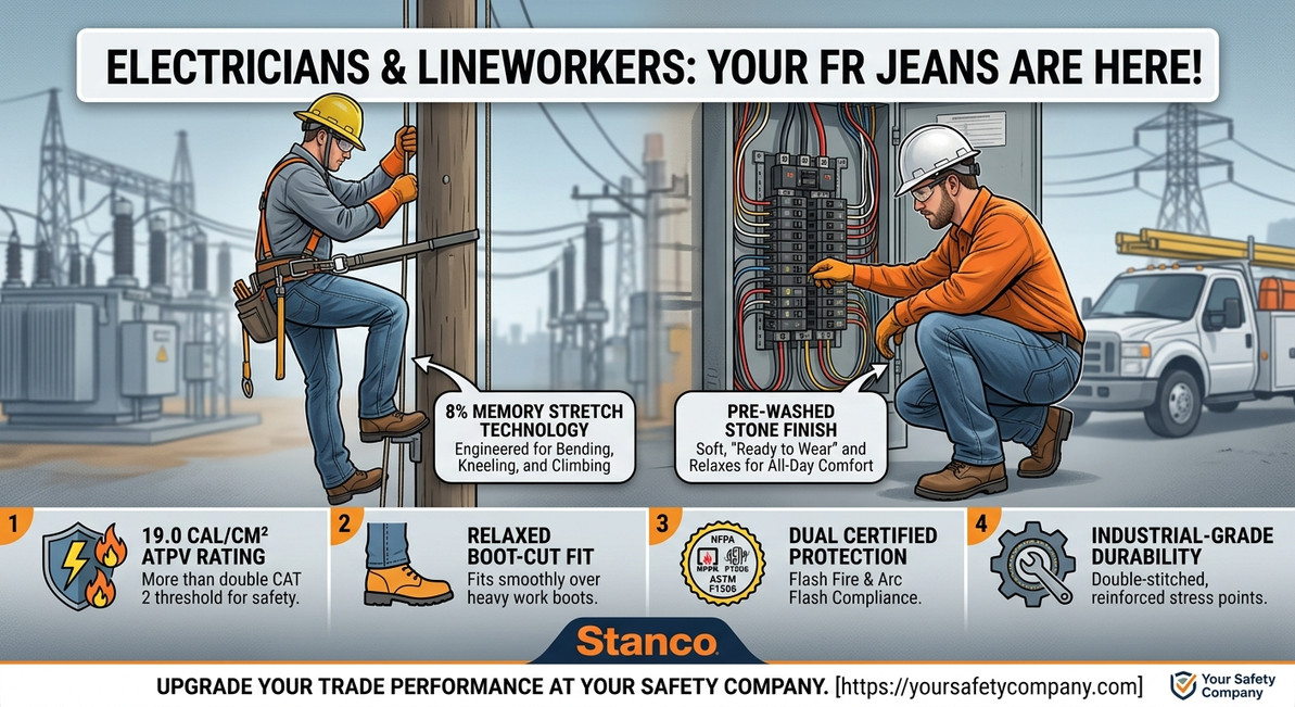 Why Electricians and Line Workers Are Switching to Stanco™ FRC1512 Memory Stretch Jeans