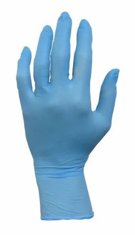 Single ProWorks 3 mil blue nitrile examination glove highlighting the high-dexterity fit and micro-textured fingertip grip.