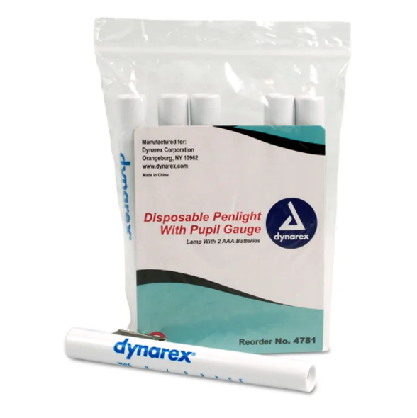 Dynarex Disposable Penlight with Pupil Gauge, Reorder No. 4781 (Pack of Multiple). This medical-grade penlight is designed for accurate pupil assessment and general diagnostic illumination. Featuring a built-in pupil gauge for quick reference and powered by 2 AAA batteries (included), it's ideal for healthcare professionals, first responders, and first aid kits. Perfect for quick and hygienic patient examination.