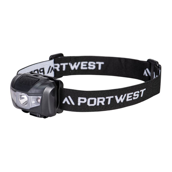Close-up of a black Portwest PA71 USB rechargeable headlamp, showing the central COB light and adjustable elastic headband with "PORTWEST" logo. Ideal for hands-free work and safety.