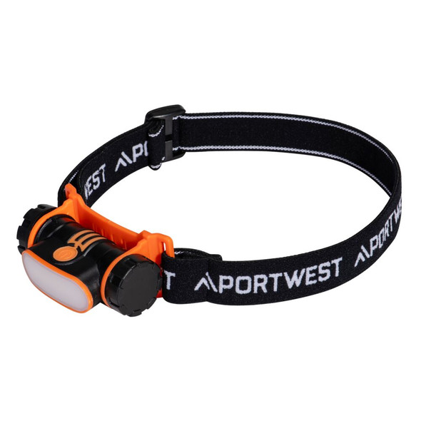 Close-up view of the Portwest PA70 USB rechargeable LED headlamp in black with orange accents. Shows the adjustable elastic headband with "PORTWEST" branding. Highlights a versatile, all-weather lighting solution.