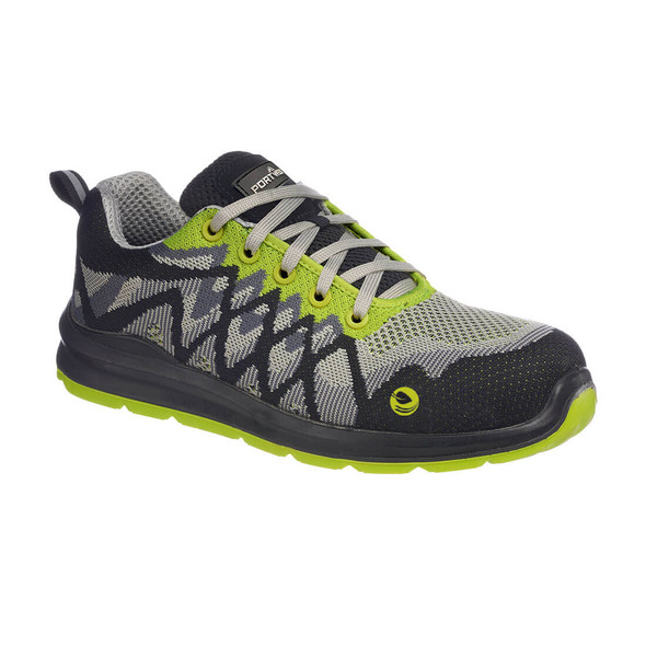 Portwest FC08 - Eco Safety Sneaker S1P Description
Step into a greener, safer future with the Portwest FC08 Eco Safety Sneaker. This stylish and eco-conscious work shoe features a unique black and yellow knitted upper made from recycled PET bottles. Its lightweight, sneaker-style design offers a perfect blend of comfort and high-level protection, making it a great choice for the modern workplace.

The FC08 provides robust safety with a 100% non-metallic composite toecap and a puncture-resistant mid-sole. Its dual-density PU/PU sole is SRC-certified for superior slip resistance on a variety of surfaces and is also fuel and oil resistant. All-day comfort is guaranteed with a super comfort gel cushioned footbed and breathable mesh lining, while anti-static properties and an energy-absorbing heel provide an added layer of security.
