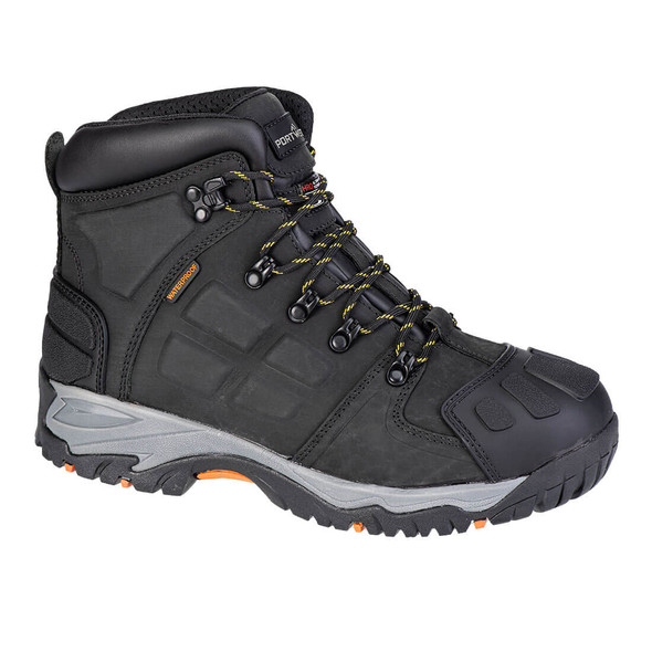 Portwest FT05 - Steelite Monsal Hiker Boot S3 Description
Tackle tough conditions with confidence in the Portwest FT05 Steelite Monsal Hiker Boot. This rugged black hiker boot, accented with gray and orange details, features a durable full-grain Crazy Horse leather upper and advanced waterproofing to keep you dry. The design is built for stability and comfort on uneven terrain, making it the ideal choice for outdoor and industrial work.

The FT05 offers comprehensive safety with a protective steel toecap and a puncture-resistant steel midsole. Its dual-density sole is SRC-certified for exceptional slip resistance and is also heat-resistant (HRO) up to 572°F. The "Waterproof" and "HRO" logos are prominently featured on the boot, highlighting its all-weather performance. Padded collars and an energy-absorbing heel ensure a comfortable fit throughout the day, while the heel kick allows for fast and easy removal.