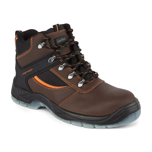 The Portwest FW69 Steelite Mustang Boot is a rugged and durable safety boot designed for demanding work environments. This version, in a rich premium brown leather, features striking orange stitching and accents that provide a modern look. The black and orange laces complement the two-tone design, while the metallic lace hooks add a touch of industrial style.

Built to S3 safety standards, this boot is equipped with a protective steel toecap and a puncture-resistant steel midsole. The innovative SRC-certified outsole provides exceptional slip resistance and is also resistant to fuel and oil. The boot’s water-resistant upper is a key feature, making it suitable for various weather conditions. All-day comfort is ensured by the padded collar, a lightweight cushioned midsole, and an energy-absorbing heel.