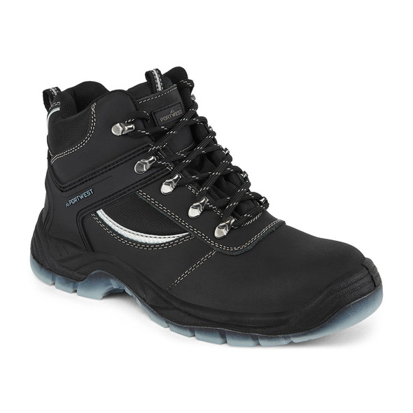 The Portwest FW69 Steelite Mustang Boot is a robust black safety boot crafted for durability and protection in demanding work environments. Made with a premium oiled black leather upper, this boot is designed for long-lasting wear and offers water resistance as part of its S3 safety rating. The visible white stitching accents and metallic lace loops provide a modern, industrial aesthetic.

This boot is equipped with essential safety features, including a protective steel toecap and a puncture-resistant steel midsole. The dual-density PU/TPU outsole is designed for excellent grip and is SRC-certified to prevent slips on various surfaces. The 360-degree rubber external chassis system provides added support and stability around the foot. The "PORTWEST" branding is visible on the tongue and side, assuring quality and compliance.