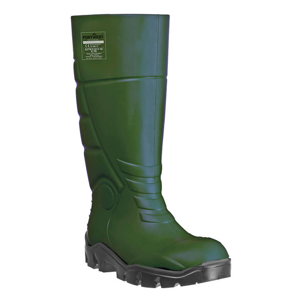 The Portwest FD95 PU Safety Rain Boot is the ultimate choice for comfort and protection in wet, cold environments. This durable, green Wellington-style boot is made from a lightweight PU material that provides excellent cold insulation down to 1.4°F, while its air bubble structure keeps feet cool in warmer weather. The contrasting black sole and tread enhance its rugged, professional look.

Designed to S5 safety standards, this boot is equipped with a protective steel toecap and a puncture-resistant steel midsole for maximum defense against workplace hazards. The fully waterproof construction keeps you dry, and the SRC-certified slip-resistant outsole offers superior traction on ceramic and steel surfaces. The visible S5 certification label on the boot assures customers of its high-level safety performance.