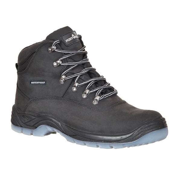 An angled view of the black Portwest FW57 Steelite All Weather Boot, highlighting its durable "Crazy Horse" leather upper and contrasting grey and black laces with silver eyelets. A visible "WATERPROOF" label is stitched on the side. The image showcases the boot's chunky, dual-density sole with a translucent grey finish on the bottom and a black midsole, along with the protective scuff cap on the toe. This safety boot is ideal for search results related to waterproof work boots, S7 safety footwear, and durable protective gear.