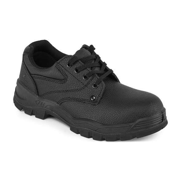 A front-angled view of the black Portwest FW14 Steelite Protector Shoe S1P. The image highlights the durable split leather upper, protective steel toecap, and the chunky, all-black dual-density sole. This S1P-rated safety shoe is ideal for a variety of workplaces needing anti-static, puncture-resistant, and steel-toe footwear.