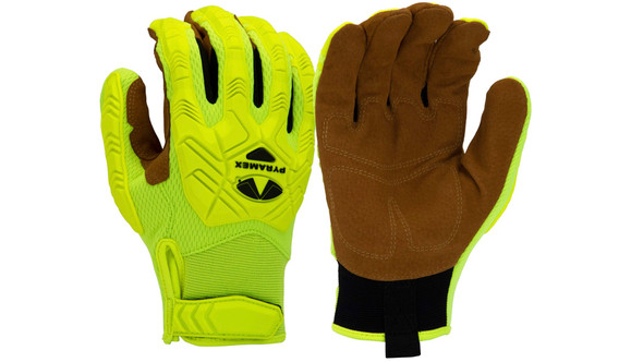 Enhanced visibility work safety gloves featuring impact protection. The image showcases two Pyramex GL202HT gloves: the left glove displays the high-visibility yellow back with black TPR impact protection on the knuckles, fingers, and thumb, along with the Pyramex logo. The right glove shows the brown genuine leather palm and the black hook-and-loop wrist closure with a yellow trim, against a white background. These durable work gloves are designed for heavy-duty tasks requiring hand safety and high visibility.