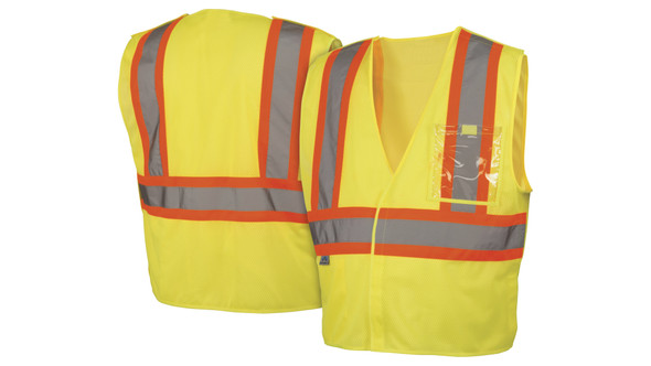 Front and back view of the Pyramex RVHL27 Hi-Vis Breakaway Mesh Vest, an ANSI Type R Class 2 certified vest with reflective tape and orange contrasting trim.