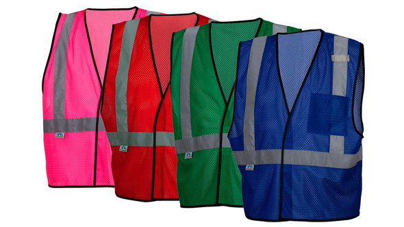 Pyramex RV12 non-rated mesh vests in multiple colors, including pink, red, green, and blue, featuring a mic tab and reflective material for enhanced visibility.