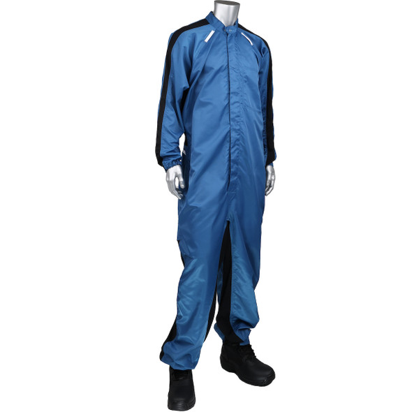 Front view Uniform Technology Auto Grid Powder Coating Coverall, reusable anti-static royal blue jumpsuit on mannequin, showing full double pull zipper and black tricot vent detail.