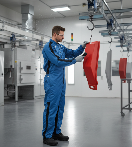 Uniform Technology Auto Grid Powder Coating Coverall, reusable anti-static royal blue jumpsuit, technician inspecting red automotive panel in industrial paint booth.
