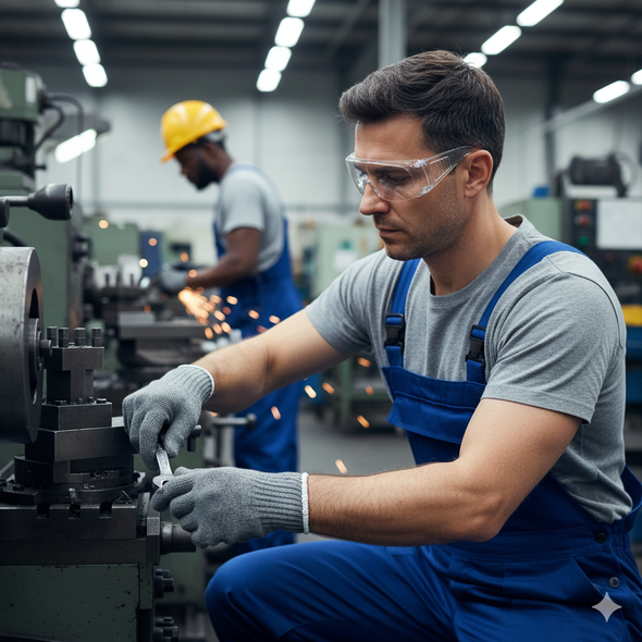 Industrial worker wearing Gray Mediumweight String Knit Gloves while operating machinery in a manufacturing plant, showcasing dexterity for maintenance or assembly. Industrial worker wearing Gray Mediumweight String Knit Gloves while operating machinery in a manufacturing plant, showcasing dexterity for maintenance or assembly.