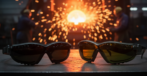 Pyramex V2G IR Filter Hybrid Goggles (IR 3.0 and IR 5.0 lenses shown) in a manufacturing environment with sparks. Ideal sealed eyewear for foundry work, brazing, and high-dust areas. Features H2X Anti-Fog and flame-resistant padding for superior industrial safety.