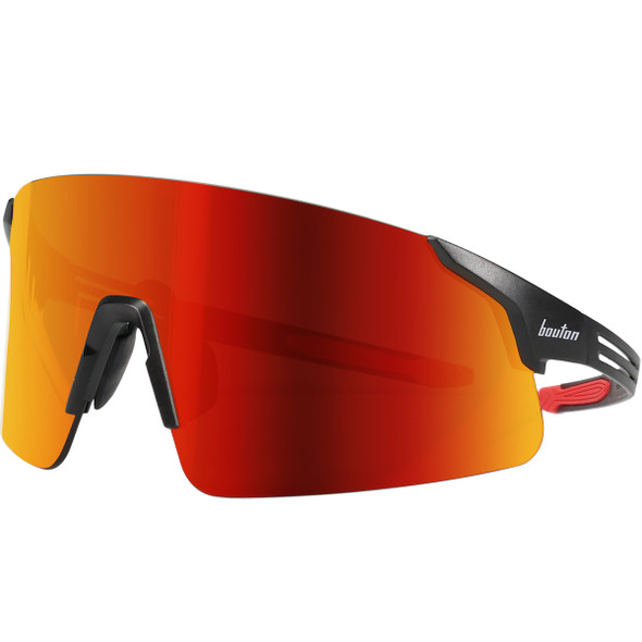 Site Boss Enhanced Coverage Frameless Safety Glasses with Fire Mirror Plus PRO Polarized High Contrast Lens (250-40-0016). Features anti-scratch coating and black temples with red accents, designed for extreme glare reduction and enhanced acuity in outdoor conditions. ANSI Z87.1+ certified.