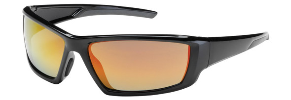 Sunburst™ Full Frame Safety Glasses (250-47-0004) with striking Red Mirror Plus lens and black frame. This outdoor eyewear features Anti-Scratch/Anti-Reflective coatings, co-molded Bayonet temples, and meets ANSI Z87.1+ high-impact standards.