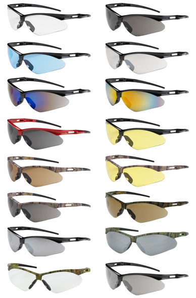 A comprehensive product lineup showcasing 16 different variations of the PIP Anser safety glasses, highlighting the series' versatility across industrial, tactical, and outdoor applications. The collection features a wide array of lens technologies, including high-visibility clear and amber lenses, glare-reducing gray and brown tints, and specialized mirror coatings in silver, blue, and gold finishes. Frame options displayed include classic professional black, high-visibility red, and several rugged camouflage patterns, all utilizing the signature Anser semi-rimless, 9-base curve design for maximum peripheral protection. This visual guide demonstrates the specialized coatings available across the line, from standard Anti-Scratch (AS) to advanced FogLess® technology, ensuring a solution for every workplace environment, from humid indoor warehouses to high-glare outdoor job sites.