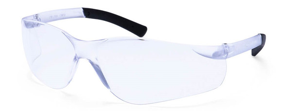 The PW38CLR is the clear-lens version of the popular Portwest Pan View series. This image highlights the panoramic wrap-around lens that provides an unobstructed field of vision and superior side protection. You can see the slim black side arms which feature metal-free hinges, a key design element that increases durability and eliminates common failure points found in standard screw-based hinges. The crystal-clear polycarbonate lens is treated with high-performance anti-fog and anti-scratch coatings, making it ideal for indoor industrial use where clarity is critical.